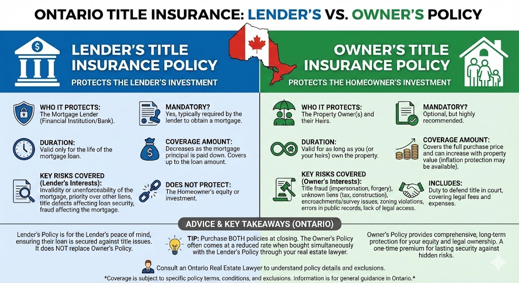 Infographic displaying the difference between a Lender and an owner's title insurance policy in Ontario