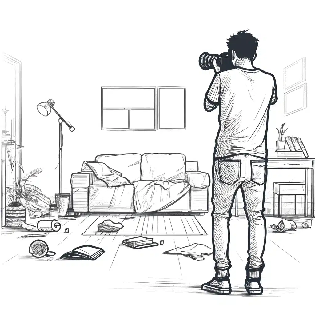 Photographer taking a picture of a messy apartment