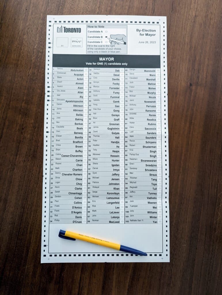 Toronto mayoral election ballot